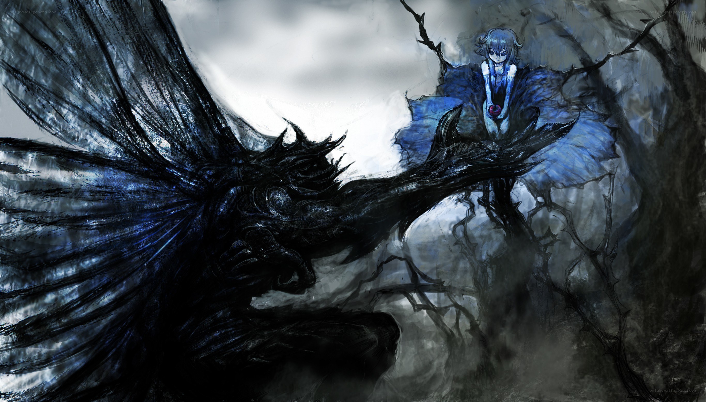 Blue-haired figure with dark wings