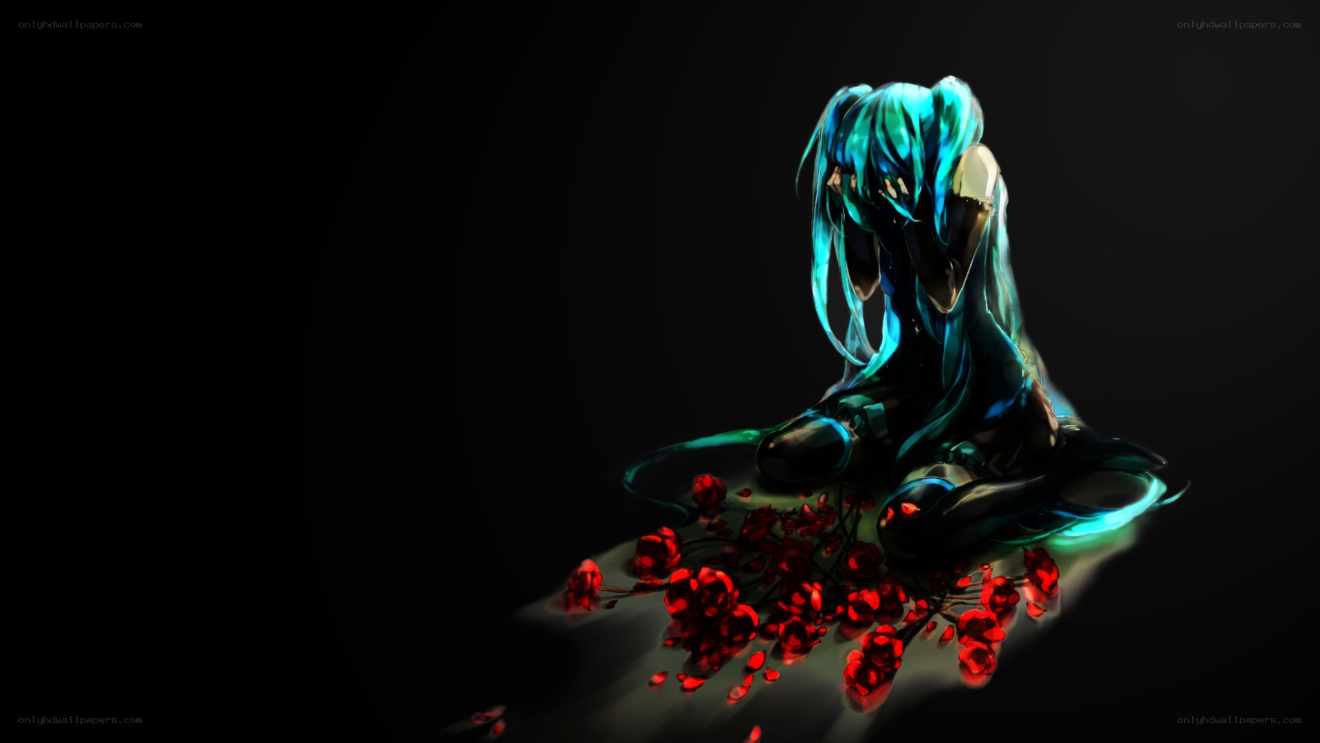 blue-haired figure with red flowers