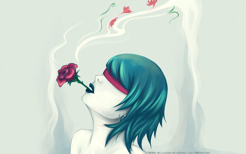 blue-haired figure with rose