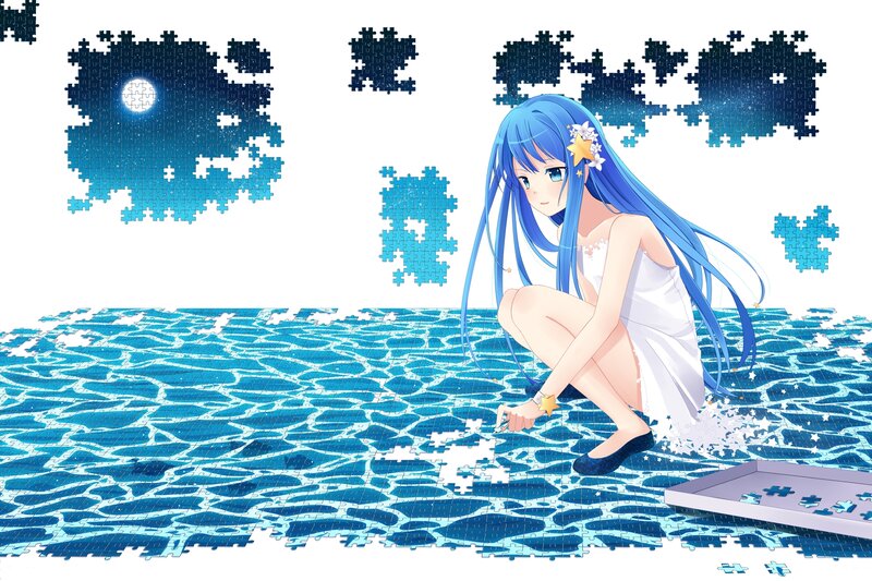 Blue-haired Girl Assembling Puzzle