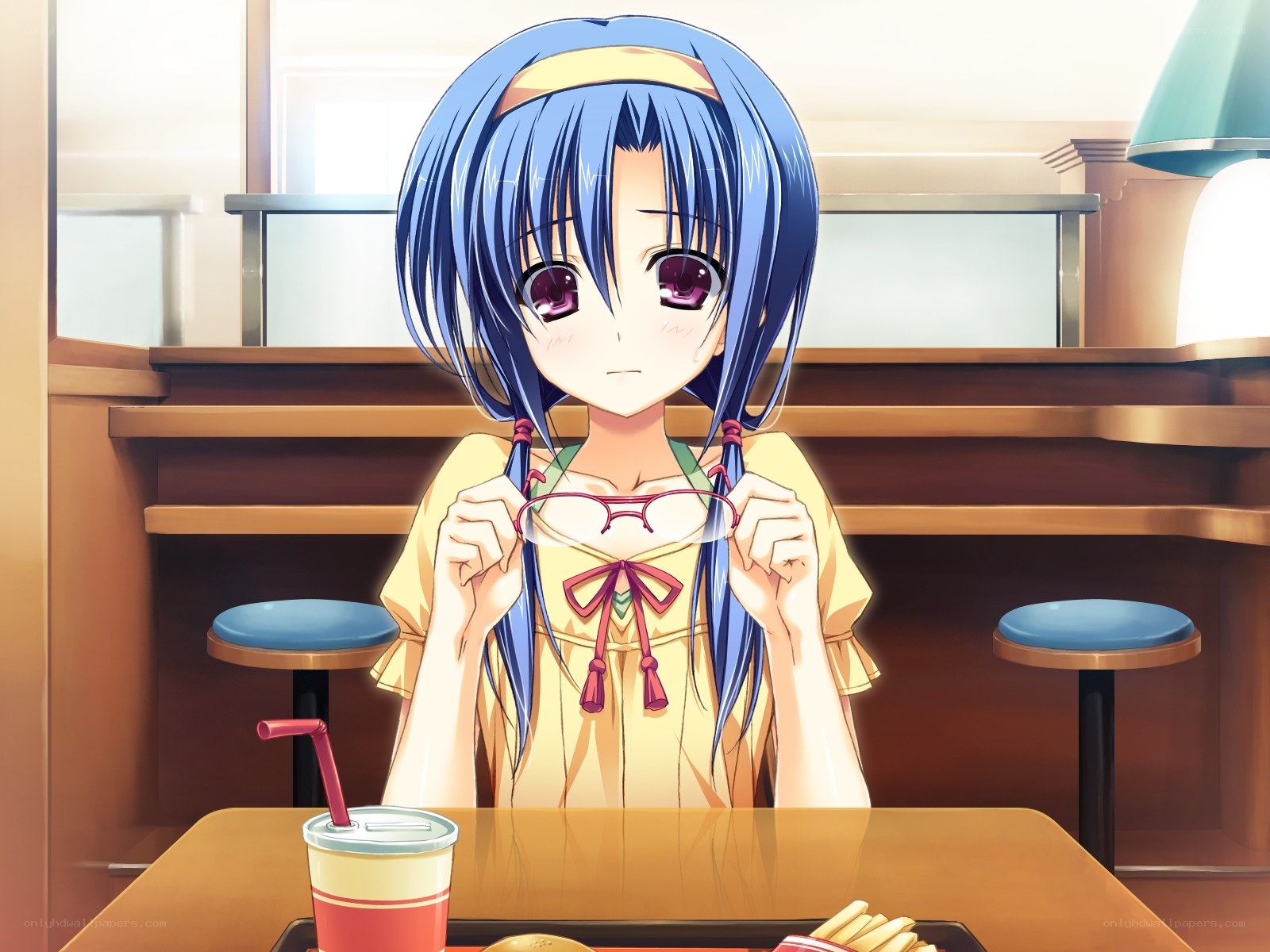 blue-haired girl at cafe