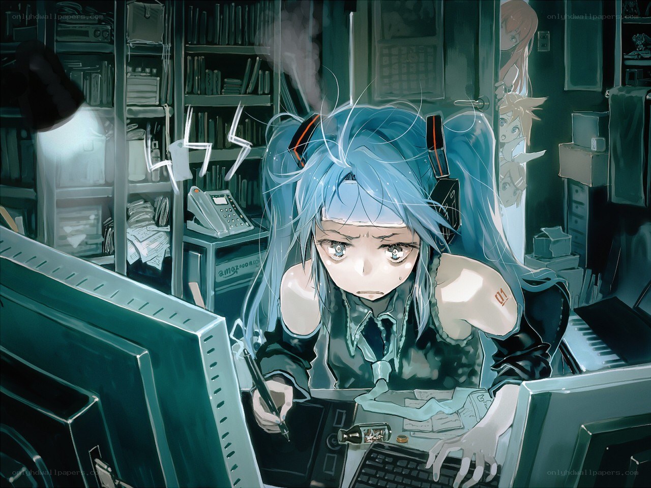 Blue-haired girl at computer