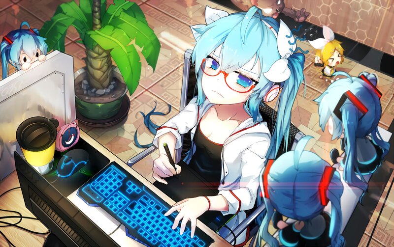Blue-haired Girl at Computer — Blue, Focused, Anime