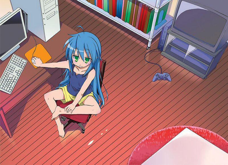 blue-haired girl at computer