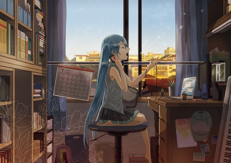 Blue-haired girl at desk