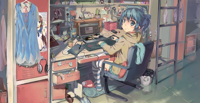 Blue-haired Girl at Desk — Blue, Calm