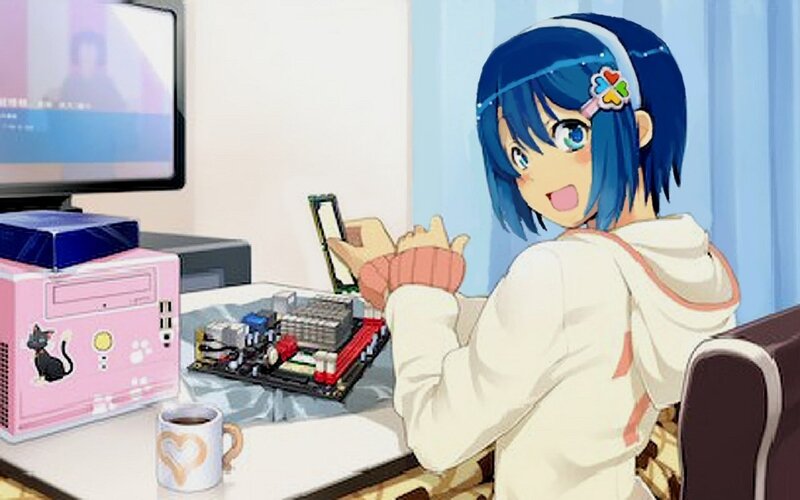 Blue-haired Girl at Desk — Blue, Cheerful