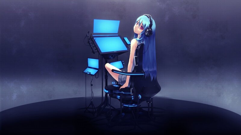 Blue-haired Girl at Desk — Blue, Dramatic, Night, Anime