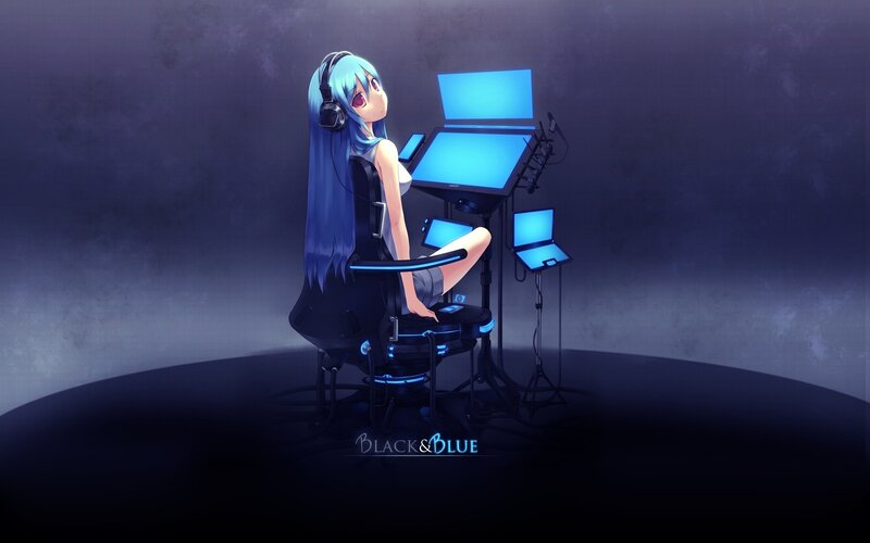 Blue-haired Girl at Desk — Blue, Dramatic, Night, Digital Art