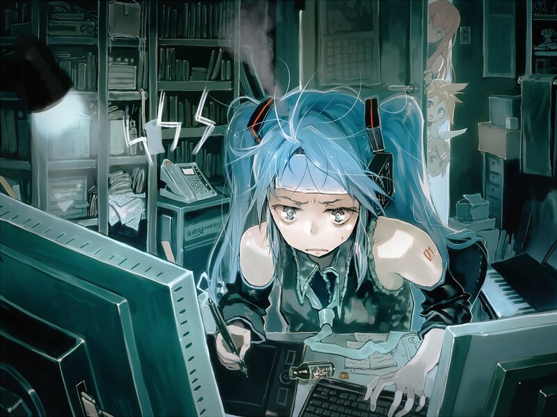 Blue-haired Girl at Desk — Blue, Dramatic, Night