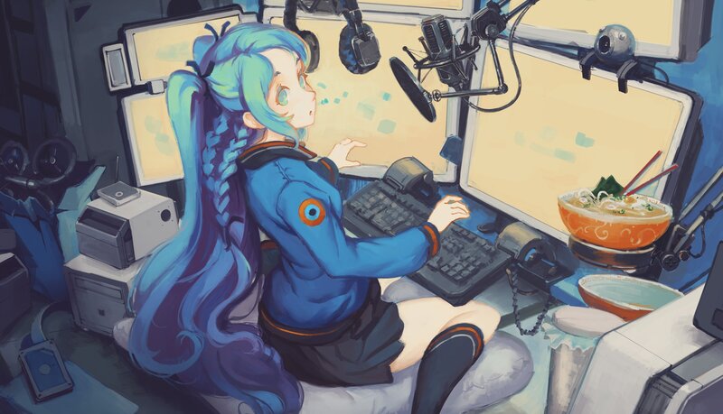 Blue-haired Girl at Desk — Blue, Focused, Digital Art