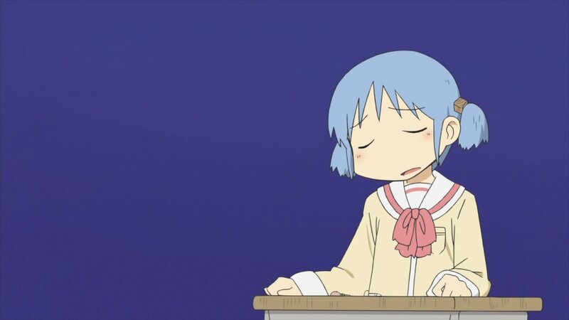 blue-haired girl at desk