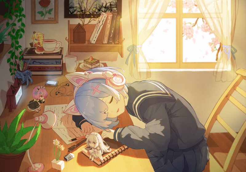 Blue-haired Girl at Desk — Yellow