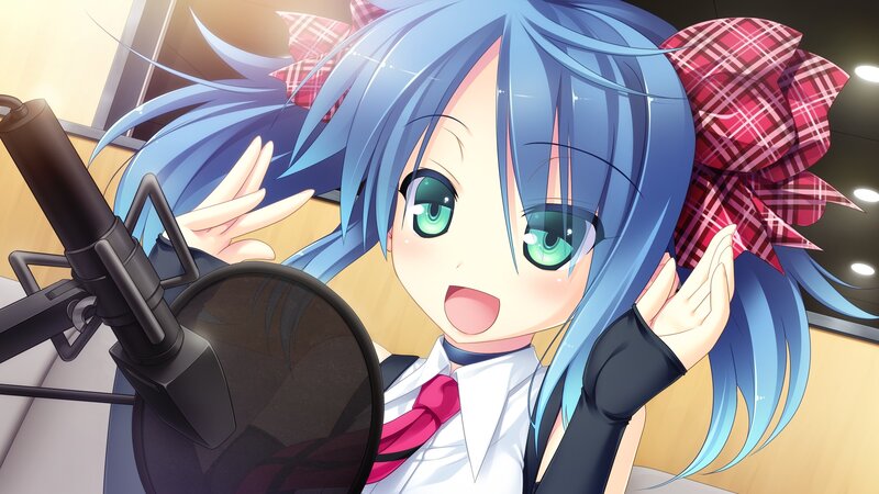 blue-haired girl at microphone