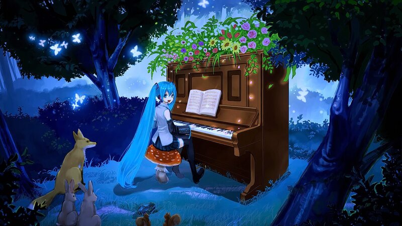 Blue-haired Girl at Piano — Blue, Serene, Night, Digital Art