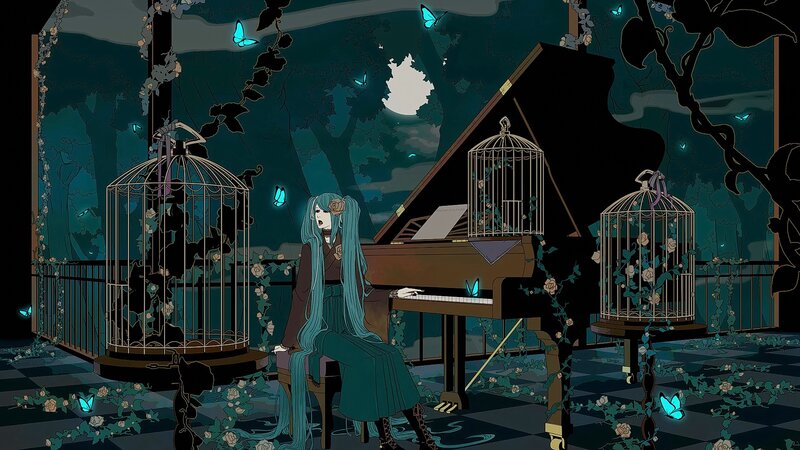 Blue-haired Girl at Piano — Teal, Dreamy, Night, Digital Art