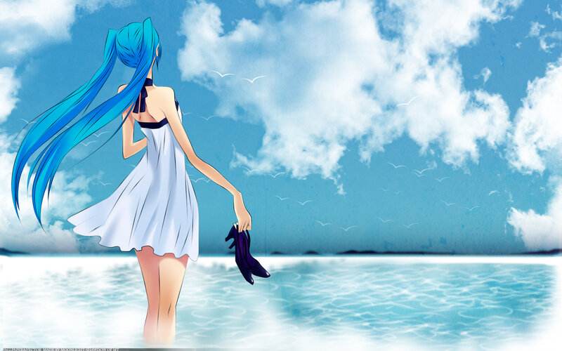 blue-haired girl at the beach