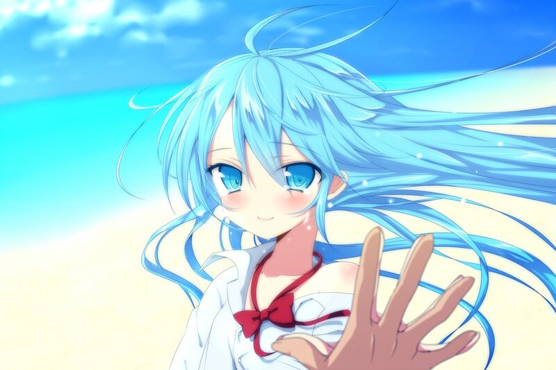 blue-haired girl at the beach