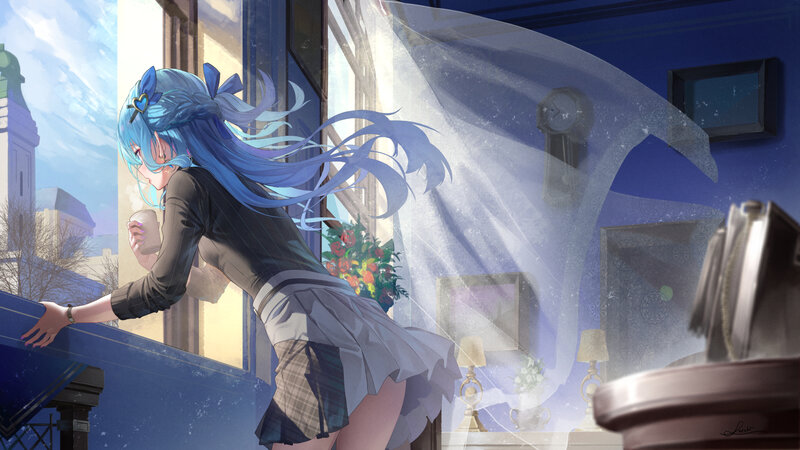 Blue-haired Girl at Window — Blue, Serene