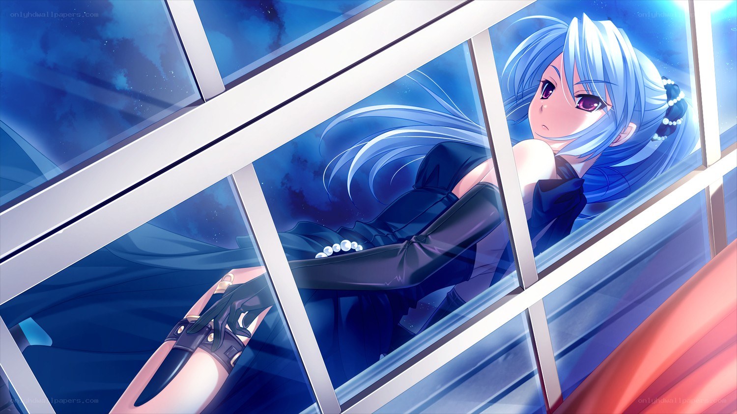 blue-haired girl at window