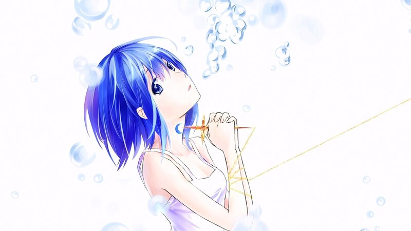 Blue-haired Girl Blowing Bubbles — Blue, Serene