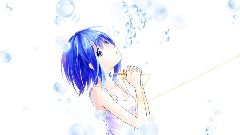 blue-haired girl blowing bubbles