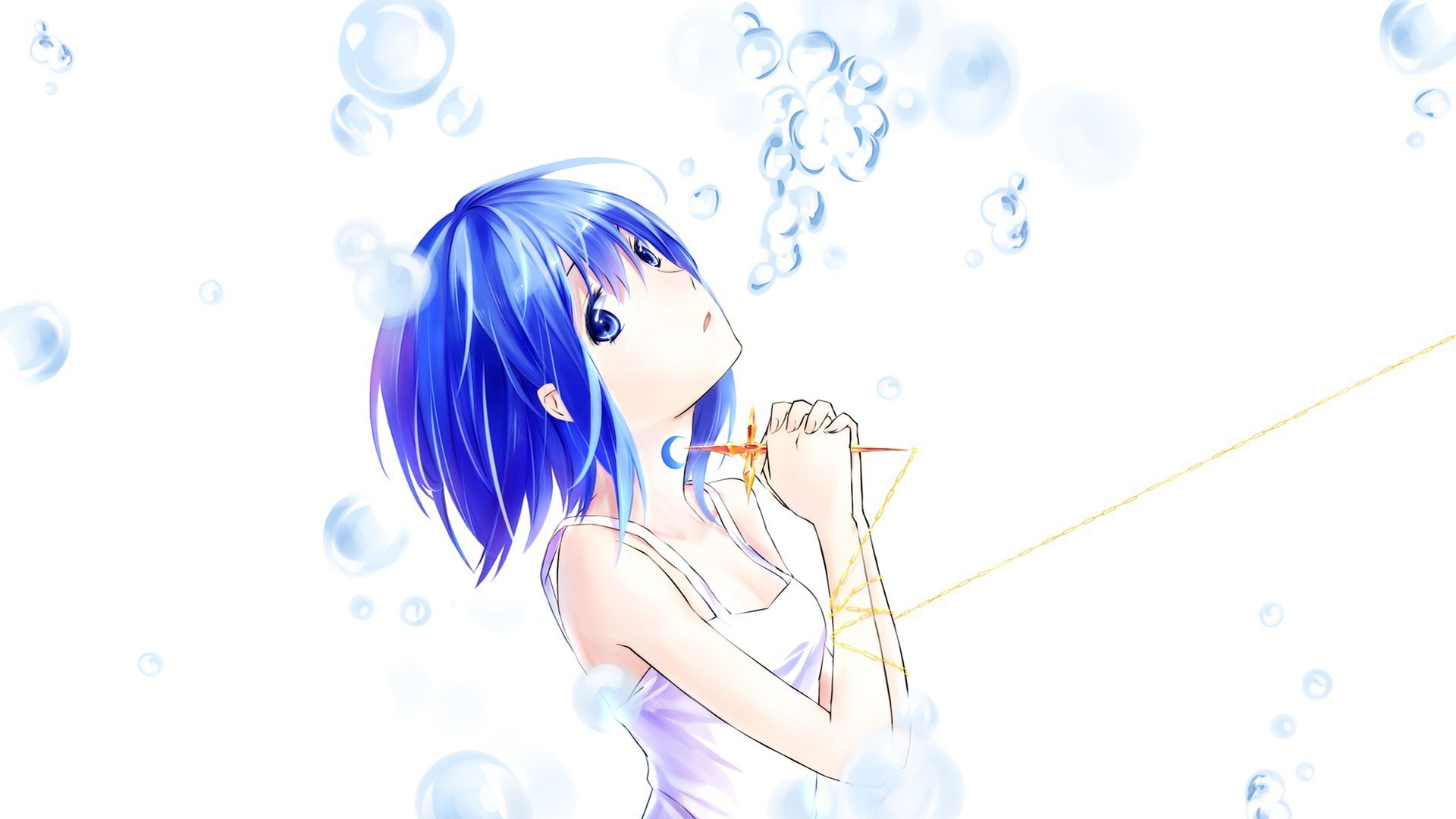 blue-haired girl blowing bubbles