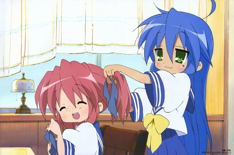 Blue-haired girl braids pink-haired friend
