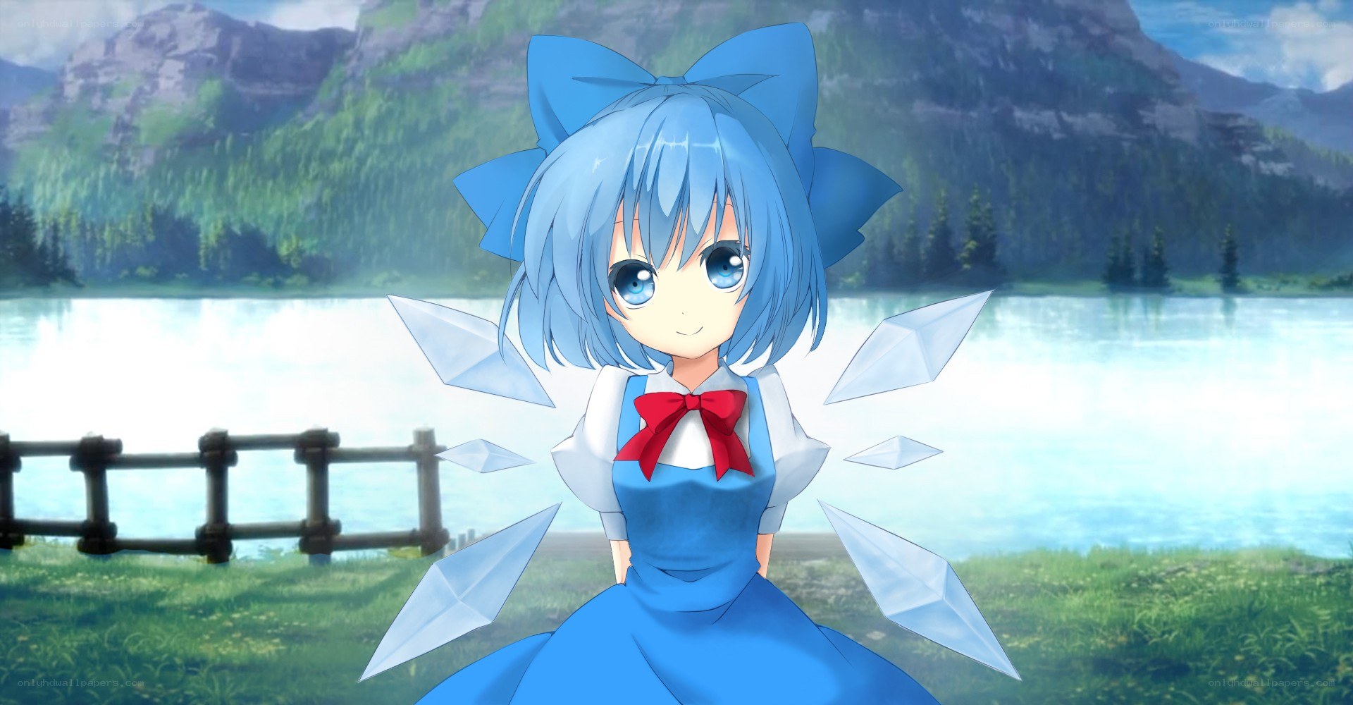 Blue-haired girl by a lake