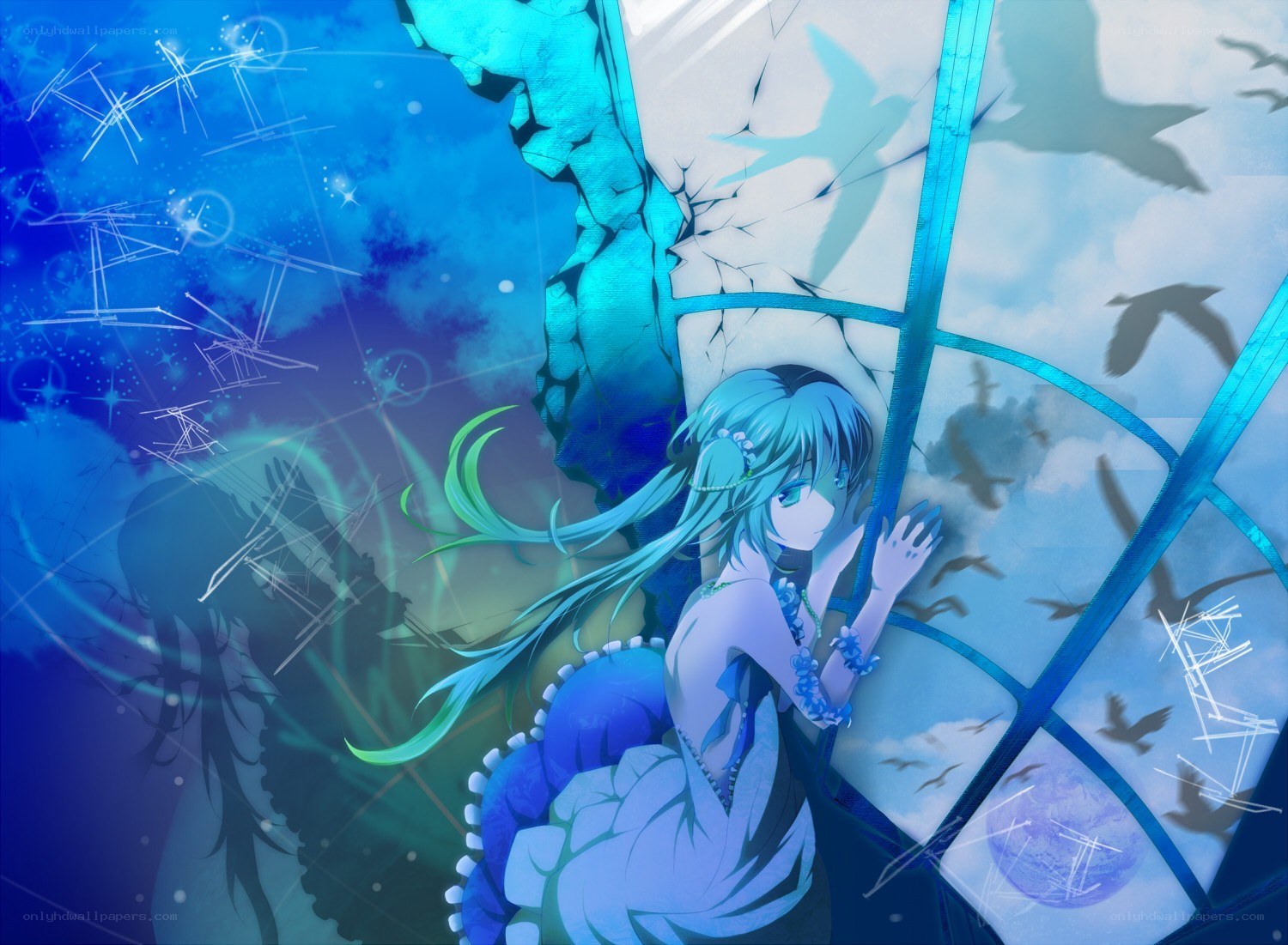 blue-haired girl by broken window