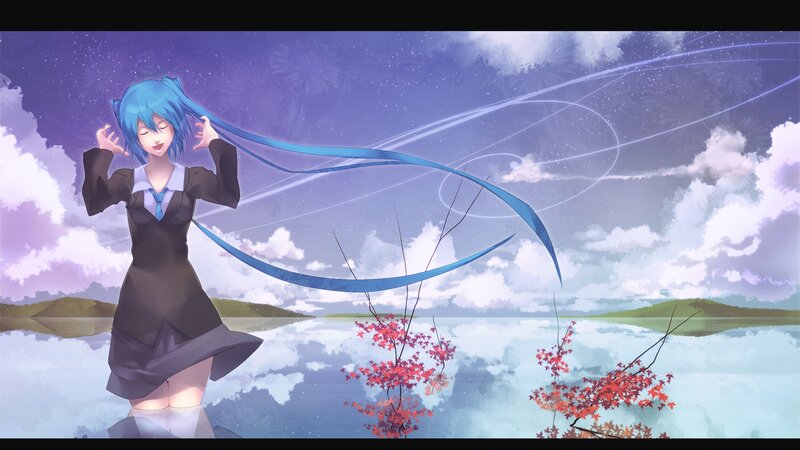 blue-haired girl by the lake