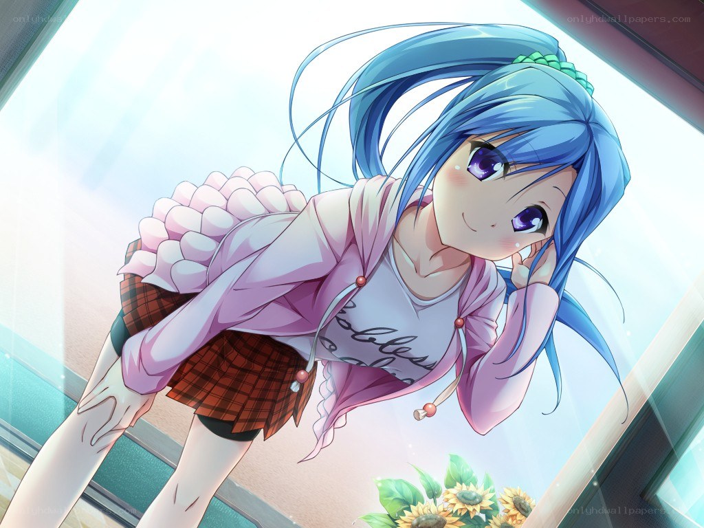 blue-haired girl by window
