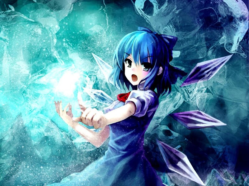 blue-haired girl casting ice spell