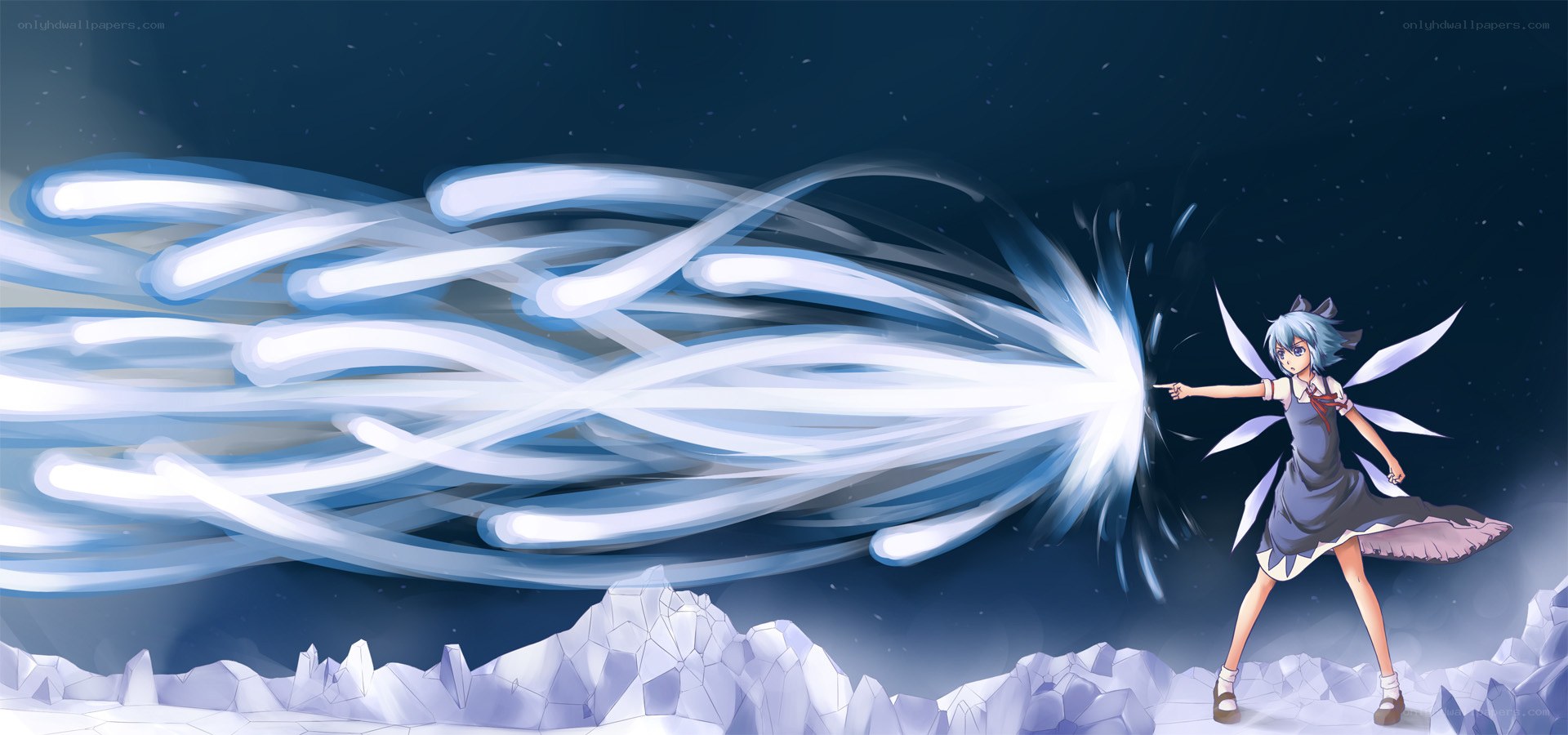 Blue-haired girl casts ice spell