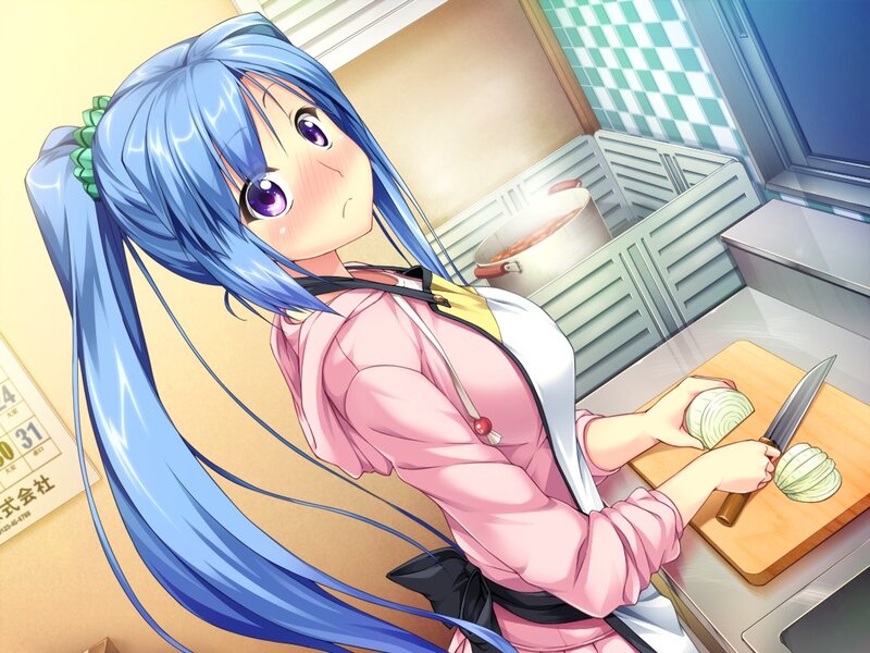 Blue-haired Girl Chopping Onions