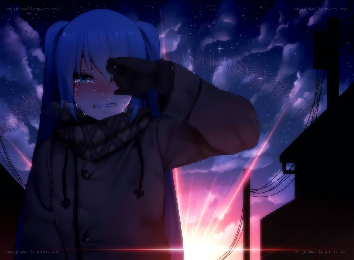 Blue-haired girl crying at night