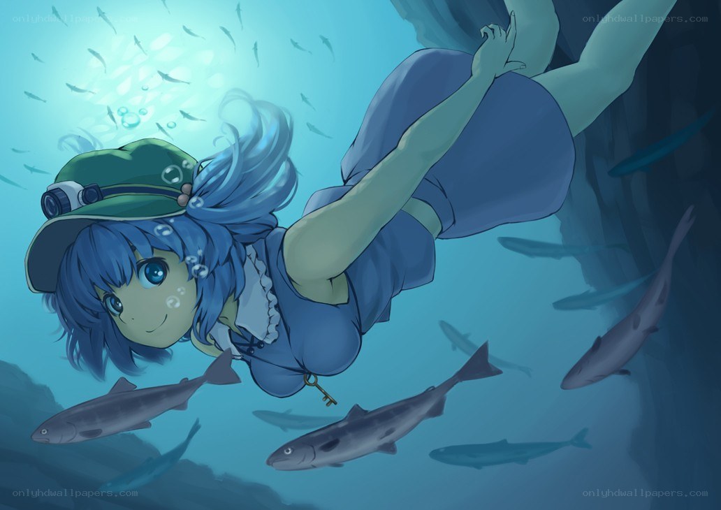 blue-haired girl diving underwater
