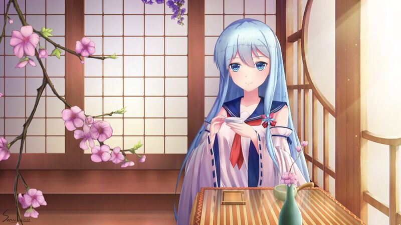 Blue-haired Girl Drinking Tea