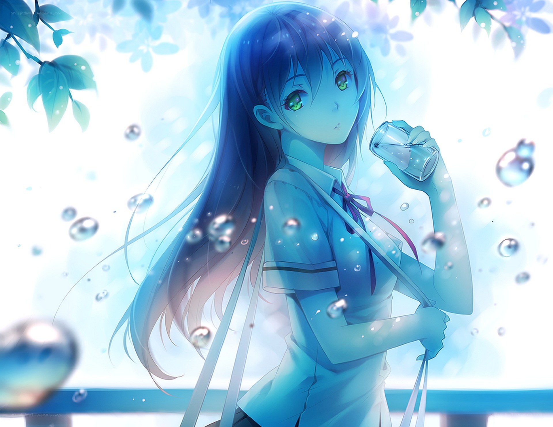 blue-haired girl drinking water