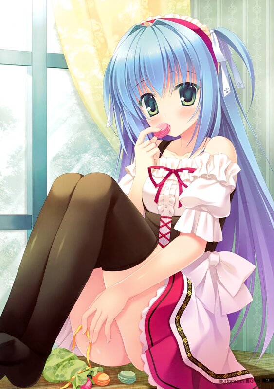 blue-haired girl eating candy