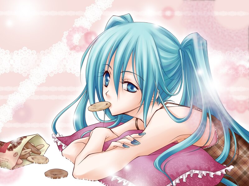 blue-haired girl eating cookies