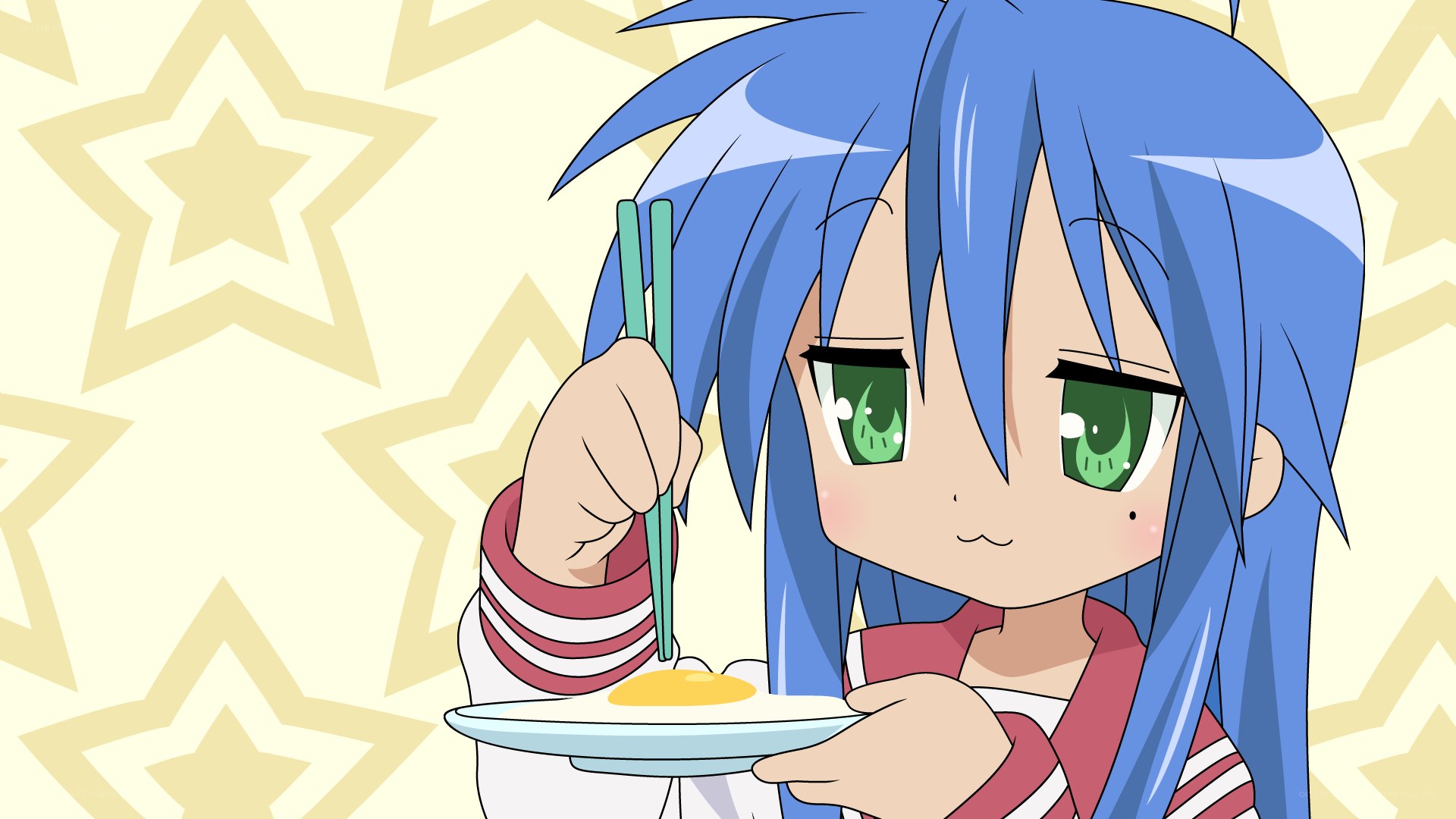 blue-haired girl eating egg