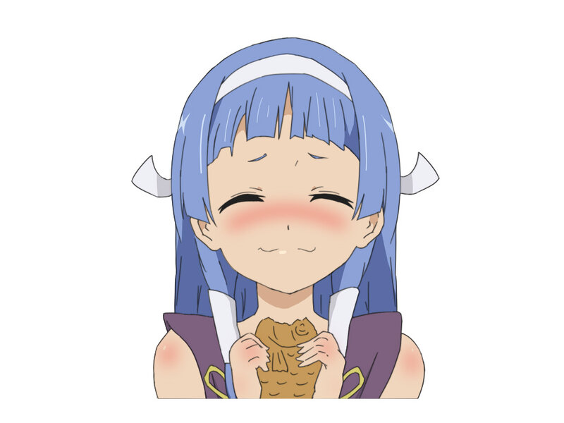 blue-haired girl eating fish cake