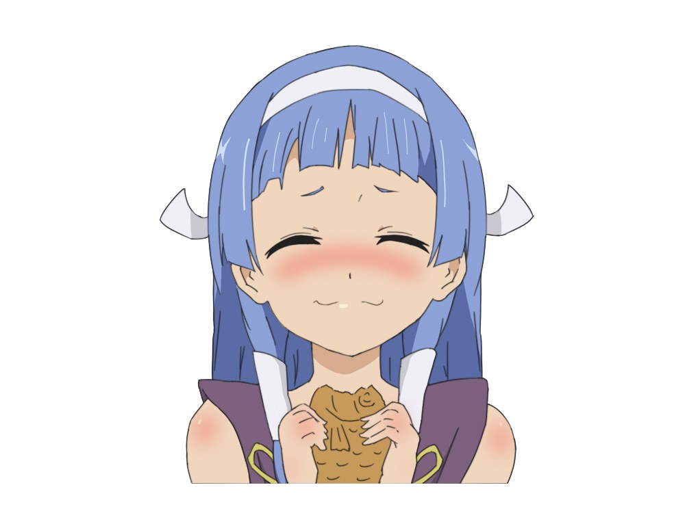 blue-haired girl eating fish cake