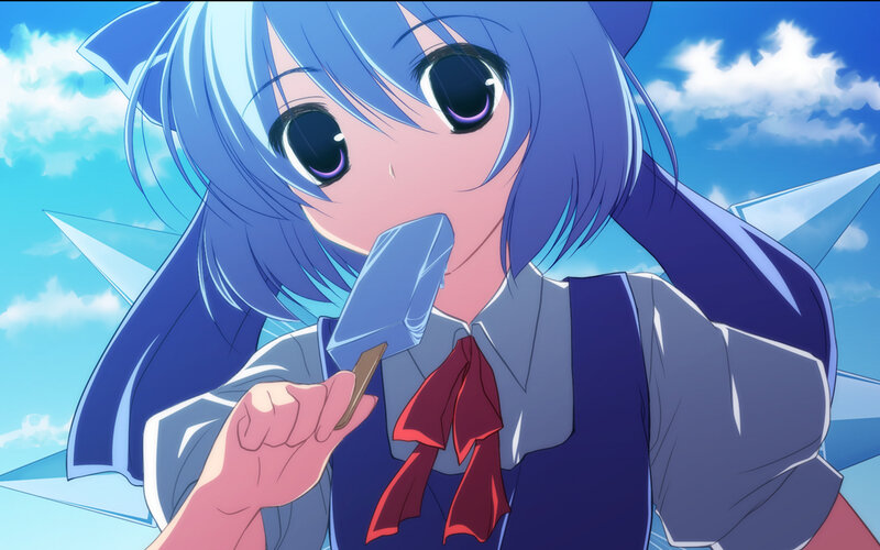 blue-haired girl eating ice cream
