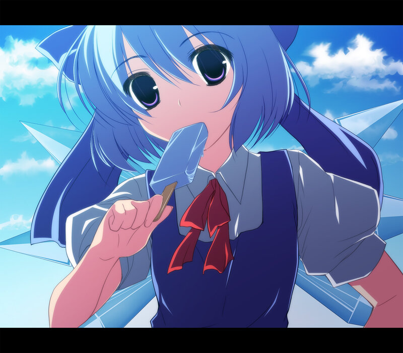 blue-haired girl eating ice cream