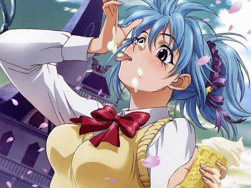 blue-haired girl eating ice cream