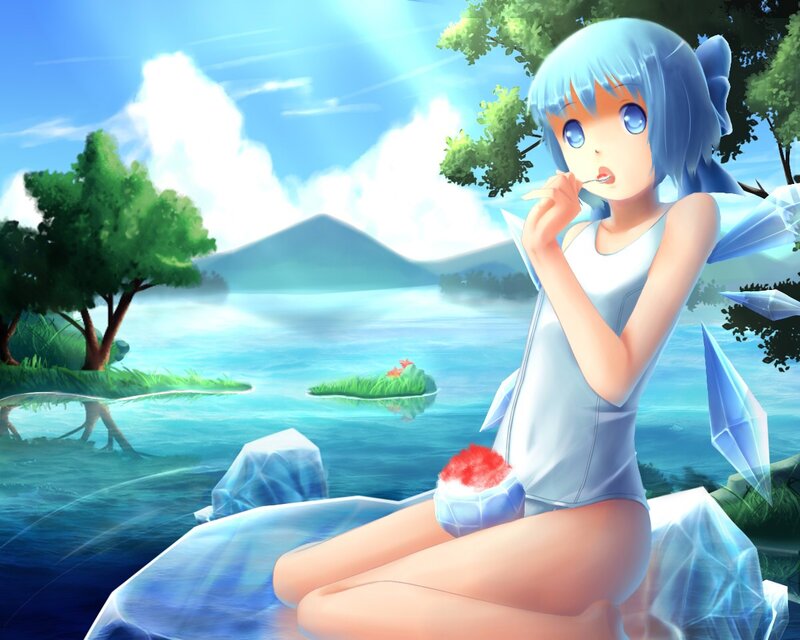 blue-haired girl eating ice cream