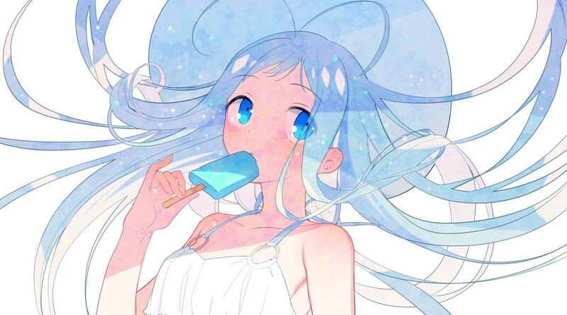 blue-haired girl eating ice cream