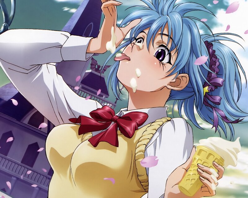 blue-haired girl eating ice cream